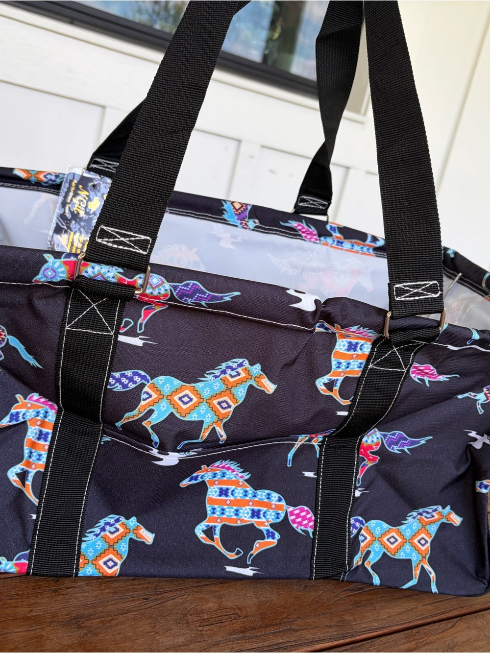 Printed Horse Tote Bag in Black with Colorful Aztec Pattern-NGIL